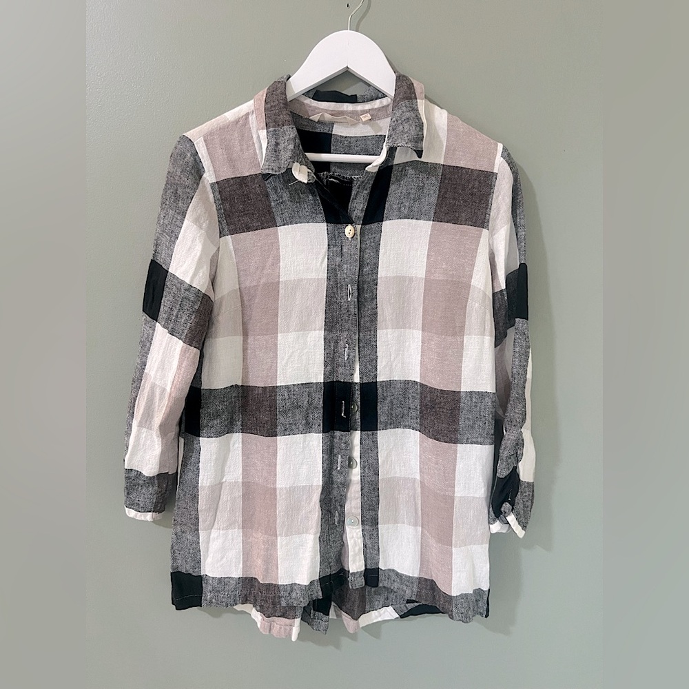 Soft Surroundings Carreaux Womens Shirt small Button Up Linen Blend  Black Tan